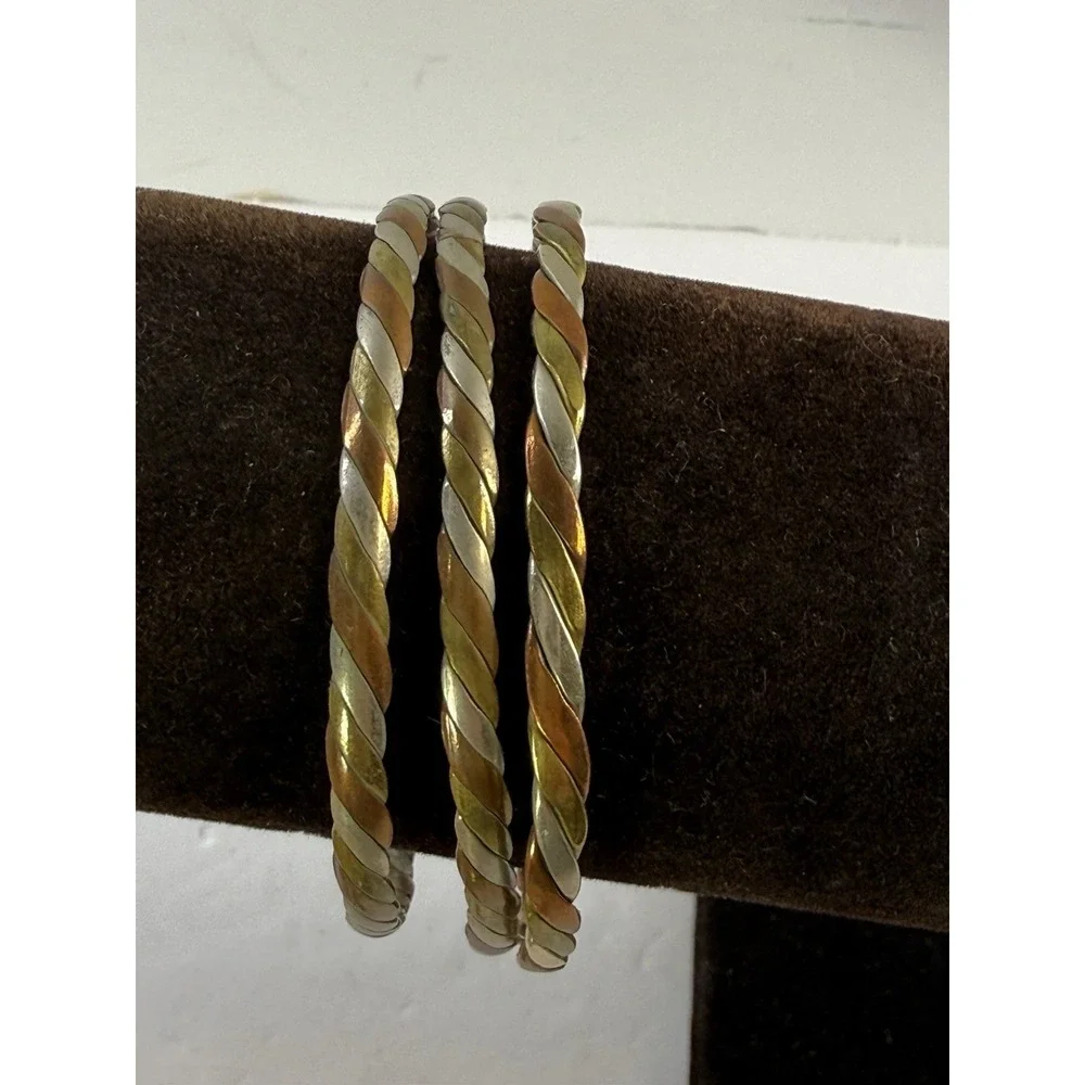 Vintage Twisted Bangle Bracelet Set 3 Brass Copper Mixed Metal Braided Stacking